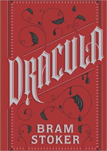 "Dracula" written in gothic font on a red background