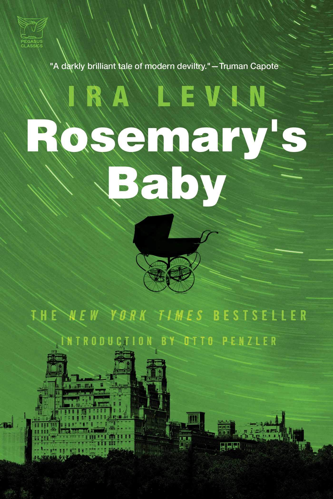 A baby carriage imposed on a green space-like background over an industrialist cityscape